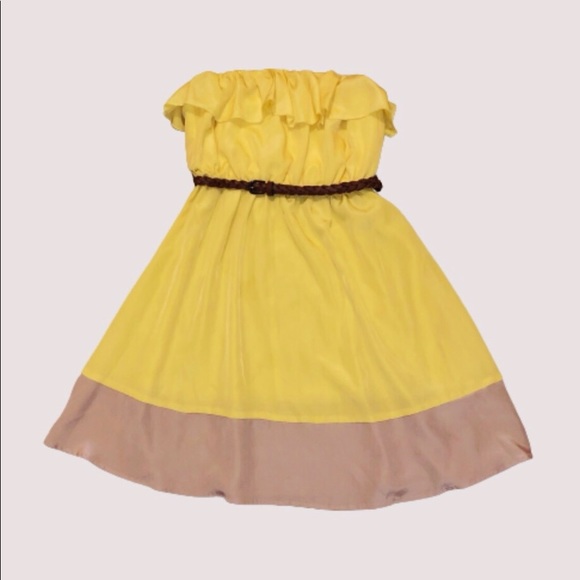 Yellow Strapless Ruffle Top Mini Dress w Belt Size Medium - Picture 1 of 5